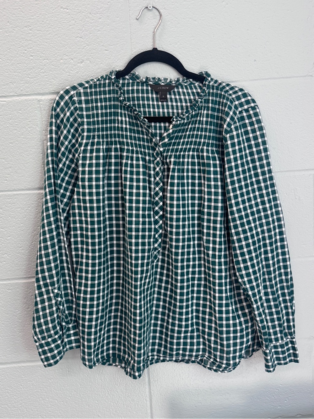 J. Crew Green and White Gingham Ruffle-Trim Blouse